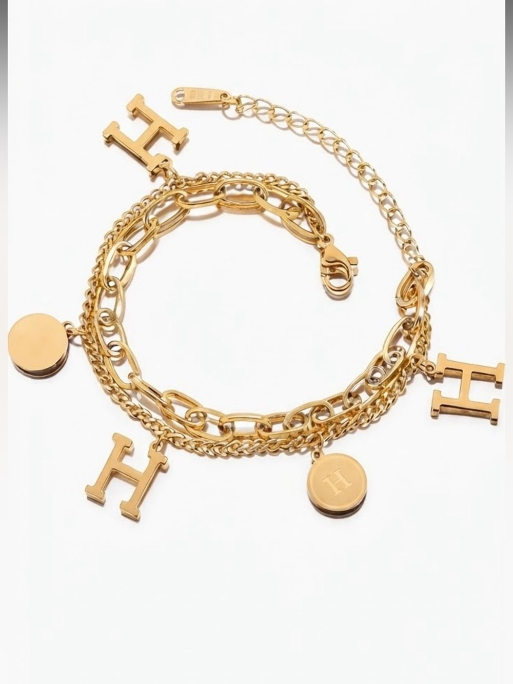 Gold Tone Charm H Initial Chain Bracelet - Designer Look Style